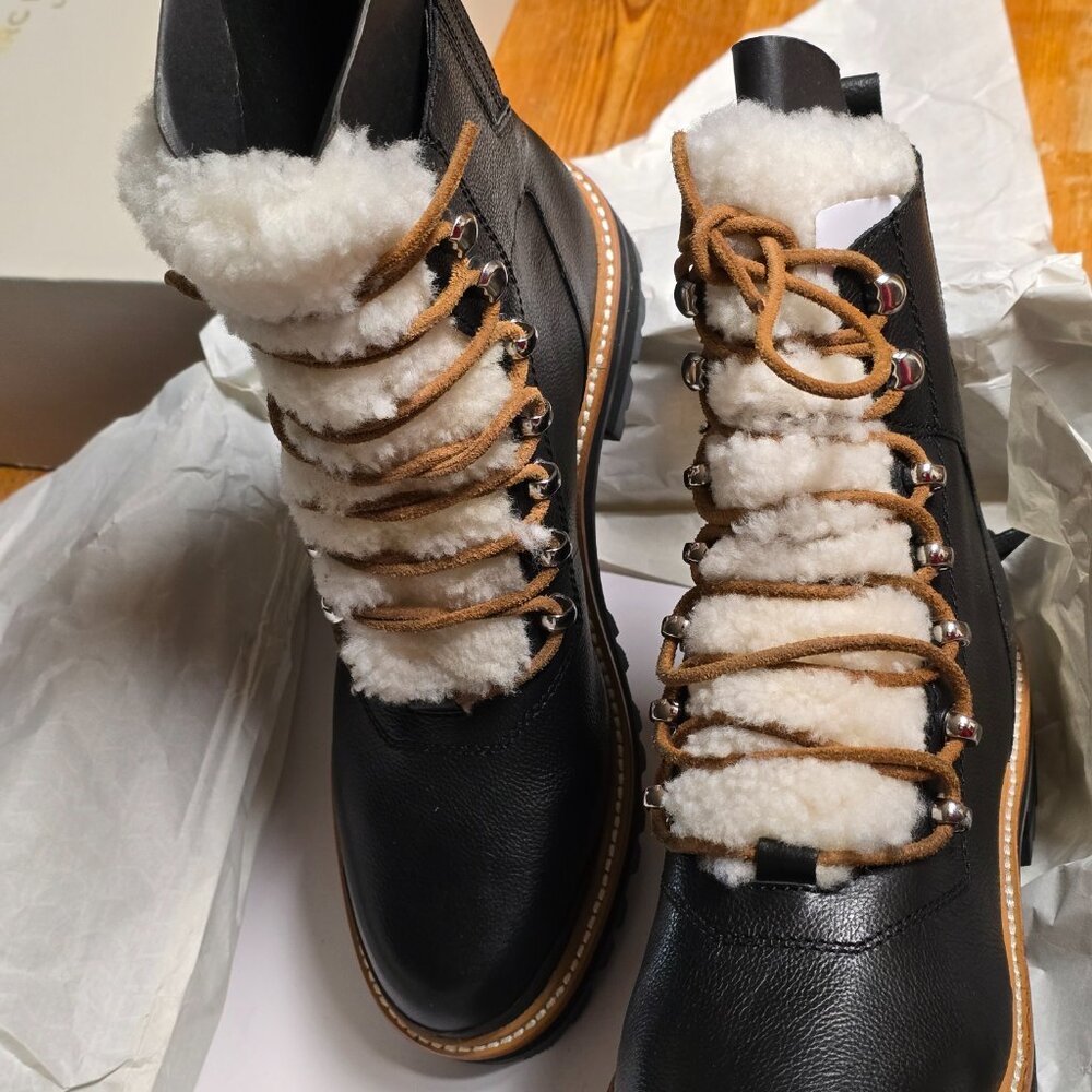 M LIZZIE Black Multi Leather Shearling Hiking Boots Size 9M